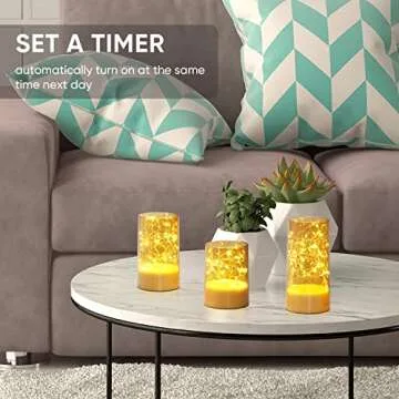 Homemory Flickering Flameless Candles with Remote, Embedded String Lights in Acylinder LED Candles, Battery Operated Fake Candles with Timer, Candle Decor for Home Wedding, Set of 3,Gold