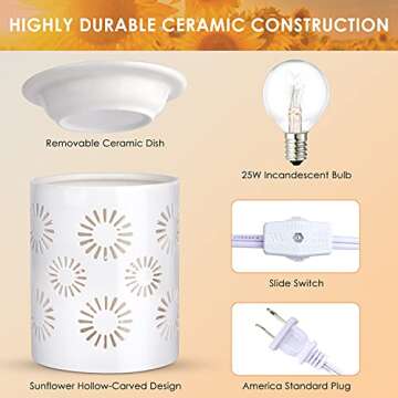 SALKING Ceramic Wax Melt Warmer, Electric Wax Warmer for Scented Wax, Candle Warmer Oil Burner with Edison Bulbs, Sunflower Fragrance Warmer Wax Cubes for Home, Bedroom, Birthday Gifts for Women