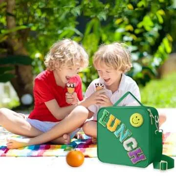 Insulated Lunch Bag With Adjustable Shoulder Strap, Nylon Preppy Lunch Box Large Insulated Lunch Bag Reusable Lunch Tote Bag with Smiley Preppy LunchBag for Girls School Travel Picnic (Dark green)