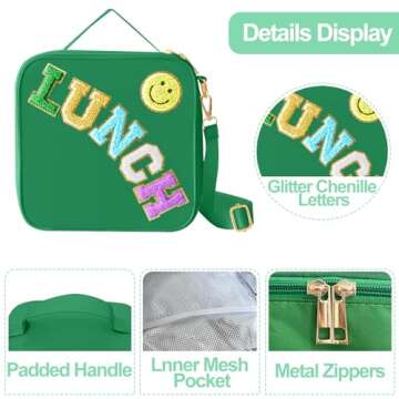 Insulated Lunch Bag With Adjustable Shoulder Strap, Nylon Preppy Lunch Box Large Insulated Lunch Bag Reusable Lunch Tote Bag with Smiley Preppy LunchBag for Girls School Travel Picnic (Dark green)