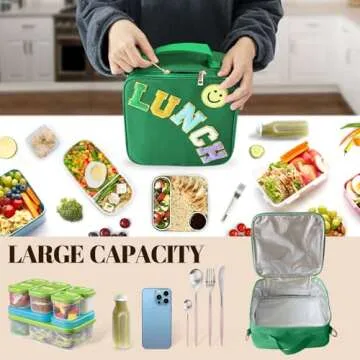 Insulated Lunch Bag With Adjustable Shoulder Strap, Nylon Preppy Lunch Box Large Insulated Lunch Bag Reusable Lunch Tote Bag with Smiley Preppy LunchBag for Girls School Travel Picnic (Dark green)