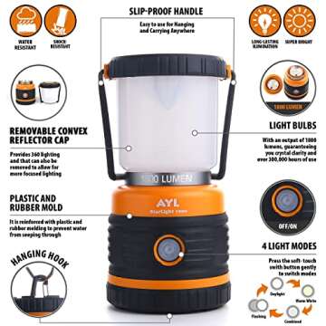 LED Camping Lantern Rechargeable, 1800LM, 4 Light Modes, 4400mAh Power Bank, IP44 Waterproof, Perfect Lantern Flashlight for Hurricane, Emergency, Power Outages, Home and More, USB Cable Included