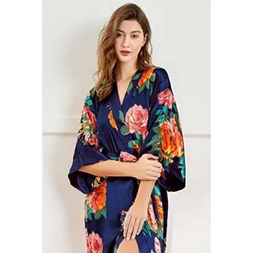 BABEYOND Women's Kimono Robe Long Satin Silky Floral Lightweight Bridesmaid Wedding Bachelorette Party Robe