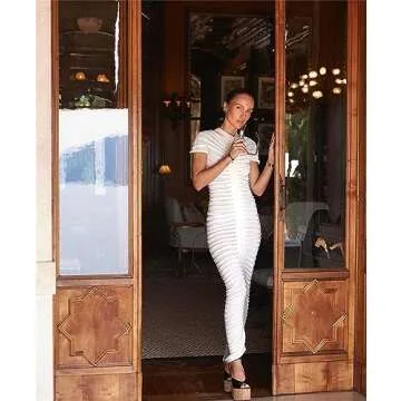 Atyfuniby Women's Bodycon Crochet Knit Midi Dress