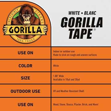 Gorilla Tape, White Duct Tape, 1.88" x 10 yd, White, (Pack of 1)