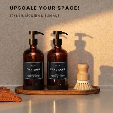 Verute 16oz Glass Soap Dispenser with Stainless Steel Pump, 21 Waterproof Labels, Non-Slip Protective Silicone Pad, Set of 2 for Bathroom & Kitchen (Amber Bottle/Black Pump)