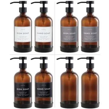 Verute 16oz Glass Soap Dispenser with Stainless Steel Pump, 21 Waterproof Labels, Non-Slip Protective Silicone Pad, Set of 2 for Bathroom & Kitchen (Amber Bottle/Black Pump)