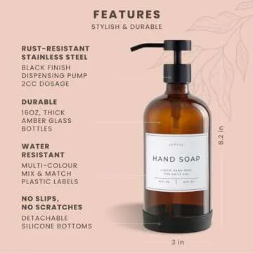 Verute 16oz Glass Soap Dispenser with Stainless Steel Pump, 21 Waterproof Labels, Non-Slip Protective Silicone Pad, Set of 2 for Bathroom & Kitchen (Amber Bottle/Black Pump)