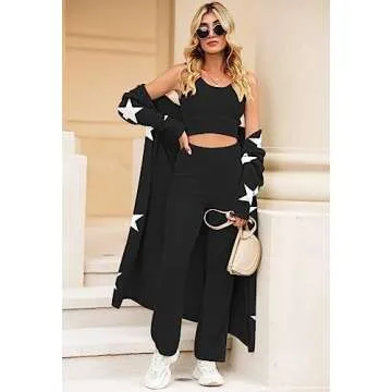 TOLENY Women's Fuzzy 3 Piece Lounge Sets Sweatsuits Open Front Cardigan Crop Tank Tops Wide Legs Pants Outfits