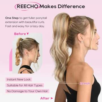 REECHO Ponytail Extension Clip-in Wavy 22inch Hairpiece