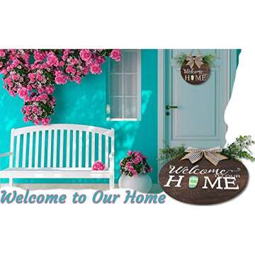 OurWarm Interchangeable Seasonal Welcome Sign Front Door Decor, Wood Round Wreath with Buffalo Plaid Bow, Wall Hanging Outdoor Front Porch Holiday Decor for Housewarming Gifts Thanksgiving Christmas