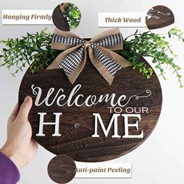 OurWarm Interchangeable Seasonal Welcome Sign Front Door Decor, Wood Round Wreath with Buffalo Plaid Bow, Wall Hanging Outdoor Front Porch Holiday Decor for Housewarming Gifts Thanksgiving Christmas