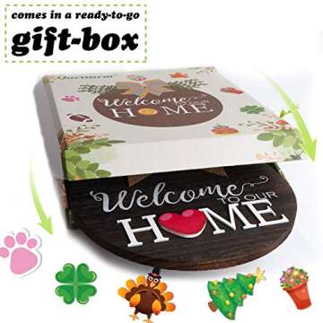 OurWarm Interchangeable Seasonal Welcome Sign Front Door Decor, Wood Round Wreath with Buffalo Plaid Bow, Wall Hanging Outdoor Front Porch Holiday Decor for Housewarming Gifts Thanksgiving Christmas