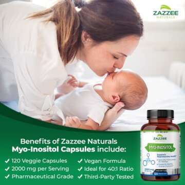 Zazzee Myo-Inositol Capsules, 2000 mg per Serving, 120 Vegan Capsules, Ideal Dosage for 40:1 Ratio, ...