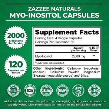 Zazzee Myo-Inositol Capsules, 2000 mg per Serving, 120 Vegan Capsules, Ideal Dosage for 40:1 Ratio, 100% Vegetarian, Hormone Balance & Healthy Ovarian Function Support, All-Natural and Non-GMO