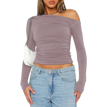 Long Sleeve Boat Neck Off The Shoulder Crop Top for Women Going Out Tight Tshirts 9026 Light Pink Sm...