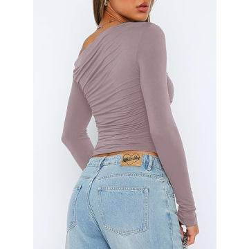 Long Sleeve Boat Neck Off The Shoulder Crop Top for Women Going Out Tight Tshirts 9026 Light Pink Small