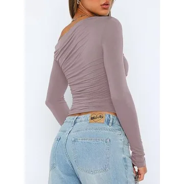 Long Sleeve Boat Neck Off The Shoulder Crop Top for Women Going Out Tight Tshirts 9026 Light Pink Small