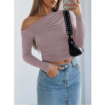 Long Sleeve Boat Neck Off The Shoulder Crop Top for Women Going Out Tight Tshirts 9026 Light Pink Small