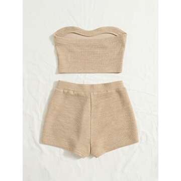 Verdusa Women's 2 Piece Outfit Ribbed Crop Bandeau Tube Top and Biker Track Shorts Sets Khaki XS
