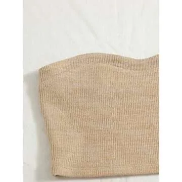 Verdusa Women's 2 Piece Outfit Ribbed Crop Bandeau Tube Top and Biker Track Shorts Sets Khaki XS