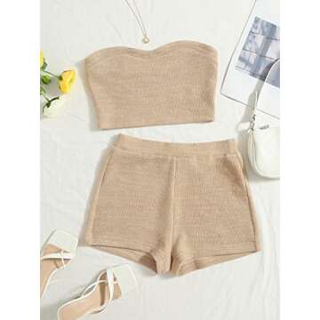 Verdusa Women's 2 Piece Outfit Ribbed Crop Bandeau Tube Top and Biker Track Shorts Sets Khaki XS