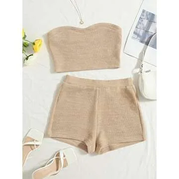 Verdusa Women's 2 Piece Outfit Ribbed Crop Bandeau Tube Top and Biker Track Shorts Sets Khaki XS