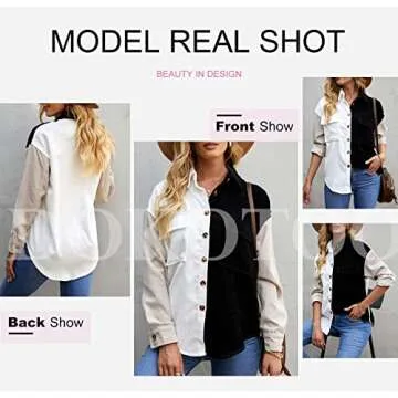 Dokotoo Women's Color Block V Neck Roll Up Long Sleeve Pocket Corduroy Shirts Shacket Casual Boyfriend Button Down Petite Blouses Jacket S Black