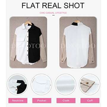 Dokotoo Women's Color Block V Neck Roll Up Long Sleeve Pocket Corduroy Shirts Shacket Casual Boyfriend Button Down Petite Blouses Jacket S Black