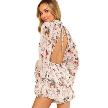 ROMWE Women's Floral Printed Ruffle Bell Sleeve Loose Fit Jumpsuit Rompers Multicolor Small