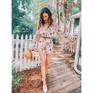 ROMWE Women's Floral Printed Ruffle Bell Sleeve Loose Fit Jumpsuit Rompers Multicolor Small