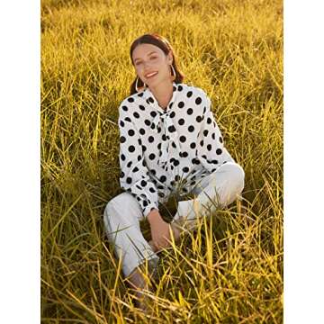 Floerns Women's Bow Tied Neck Lantern Long Sleeve Polka Dot Blouse White S