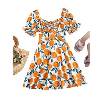 Floerns Women's Summer Drawstring Sweetheart Neck Puff Sleeve A Line Short Dress Orange M