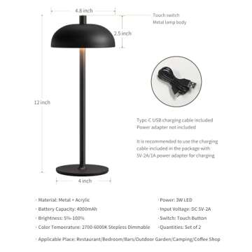 NEWSEE Cordless LED 12" Small Table Lamps Set of 2, Modern Portable Desk Lamp, 3 Color Dimming Rechargeable Battery Lights for Bedroom, Outdoor, Restaurant, Bedside, Baby Night Light, Gifts (Black)