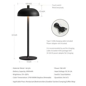 NEWSEE Cordless LED 12" Small Table Lamps Set of 2, Modern Portable Desk Lamp, 3 Color Dimming Rechargeable Battery Lights for Bedroom, Outdoor, Restaurant, Bedside, Baby Night Light, Gifts (Black)