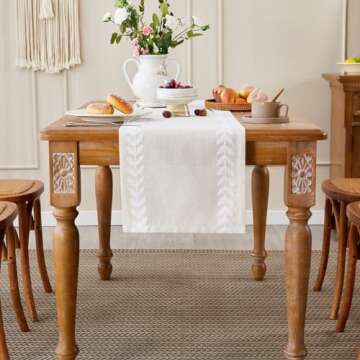 Wracra Embroidered Table Runner Irregular Willow Leaf Table Runners 90 Inches Long for Dresser Home Dining Table Decor,14 x 90 Inch, White