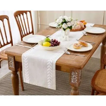 Wracra Embroidered Table Runner Irregular Willow Leaf Table Runners 90 Inches Long for Dresser Home Dining Table Decor,14 x 90 Inch, White