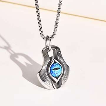 MPRAINBOW Men's Stainless Steel Dragon Necklace Greek Blue Dragon Evil Eye Axe Casting Dog Tag Pendant Amulet Necklace
