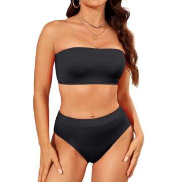 Tempt Me Women Black Bandeau Bikini Set - Stylish High Waisted Two Piece Swimsuit