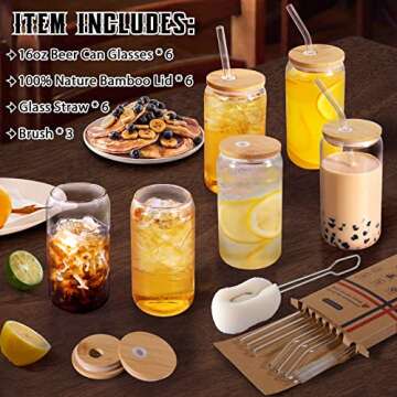 Drinking Glasses with Bamboo Lids and Glass Straws, 6 Pack 16oz Beer Glasses, Can Shaped Glass Cups, Reusable Tumbler Cup, Smoothie cup, Iced Coffee Glasses, Perfect for Cocktail, Juice, Whiskey, Gift