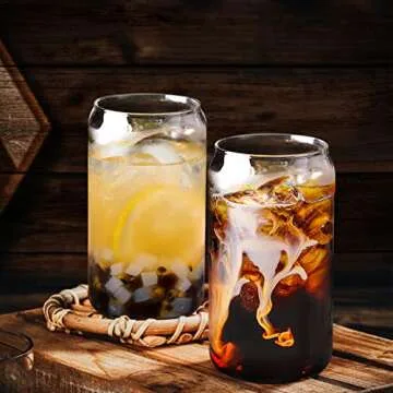 Drinking Glasses with Bamboo Lids and Glass Straws, 6 Pack 16oz Beer Glasses, Can Shaped Glass Cups, Reusable Tumbler Cup, Smoothie cup, Iced Coffee Glasses, Perfect for Cocktail, Juice, Whiskey, Gift