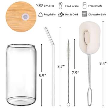 Drinking Glasses with Bamboo Lids and Glass Straws, 6 Pack 16oz Beer Glasses, Can Shaped Glass Cups, Reusable Tumbler Cup, Smoothie cup, Iced Coffee Glasses, Perfect for Cocktail, Juice, Whiskey, Gift