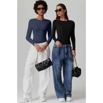 QINSEN Basic Long Sleeve Bodysuit for Women Crewneck Double Lined Fall T Shirts Tops Navy L