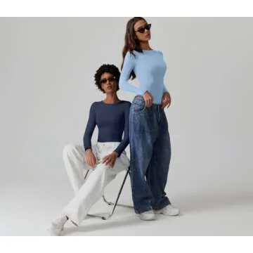 QINSEN Basic Long Sleeve Bodysuit for Women Crewneck Double Lined Fall T Shirts Tops Navy L
