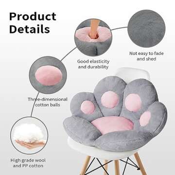 Ditucu Cat Paw Cushion Kawaii Chair Cushions 27.5 x 23.6 inch Cute Stuff Seat Pad Comfy Lazy Sofa Office Floor Pillow for Gaming Chairs Room Decor Grey