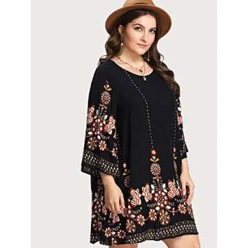 ROMWE Women's Plus Size Boho Bohemian Tribal Print Summer Beach Dress Navy Boho 2X