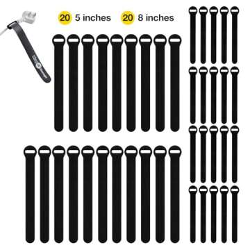 Self-Gripping Cable Ties by Wrap-It Storage, Black, 40 Pack (5 Inch and 8 Inch Straps) – Reusable Hook and Loop Cord Organizer Cable Ties for Cord Management and Desk or Office Organization