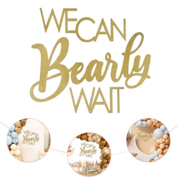 We Can Bearly Wait Sign Gold Teddy Bear Baby Shower Decoration Backdrop Wooden Banner for Gender Rev...