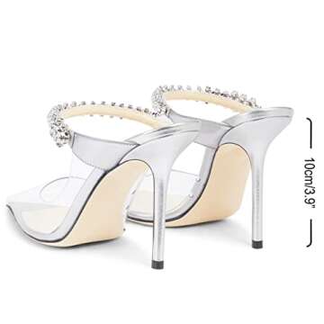 JANSEVEN Rhinestone Clear Heeled Sandals - 4" Stiletto Slip-On for Women