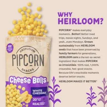 Heirloom White Cheddar Cheese Balls by Pipcorn - 4.5oz 6pk - Healthy Snacks, Gluten Free, Heirloom Corn, Baked not Fried